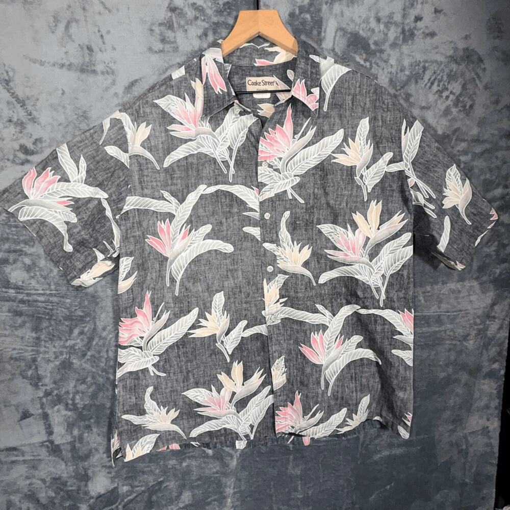 Cooke Street Mens Hawaiian Aloha Shirt‎ Gray Floral Tropical Short Sleeve Button